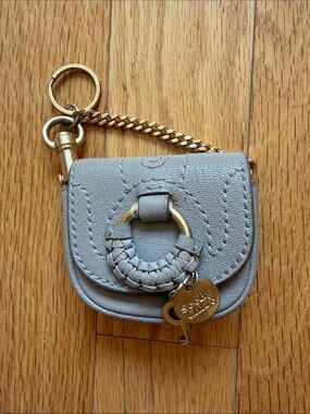See By Chloe Gray Leather Mini Key & Card Holder, AirPod Case with Gold Chain